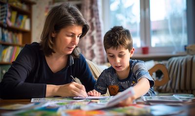 Eine mutter lernt mit ihrem Sohn Englisch-Vokabeln