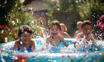 Kinder in einem Gartenpool haben eine Menge Spaß