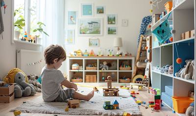 Kind spielt in einem schimmelfreiem Kinderzimmer