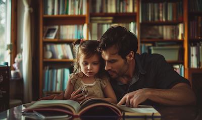 Vater und Tochter lesen gemeinsam in einem Buch mit Silbenschrift