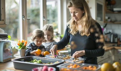 eine Mutter füllt die personalisierten Brotdosen von ihren Kindern mit Pausenbrot und Gemüse