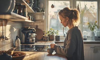 morgenroutine für eine Mutter mit einem frisch gerösteten Kaffee