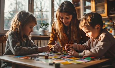 Mutter lernt gemeinsam mit Kindern Vokabeln