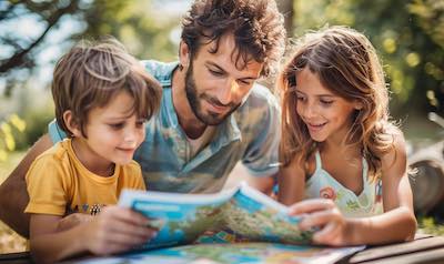 Vater blättert mit Kindern in einem Reiseprospekt mit Thailandreisen