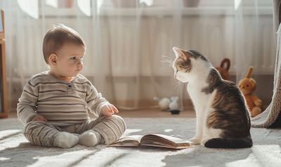 kleinkind und haustier katze spielzimmer