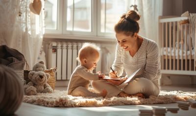 Mama schreibt Erinnerungsbuch Kinder gemütliches Kinderzimmer