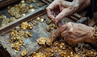 Alter Goldschmuck wird nach Feingehalt sortiert und gewogen