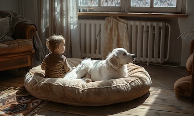 Kind lässt Hund an seinem Liegeplatz in Ruhe