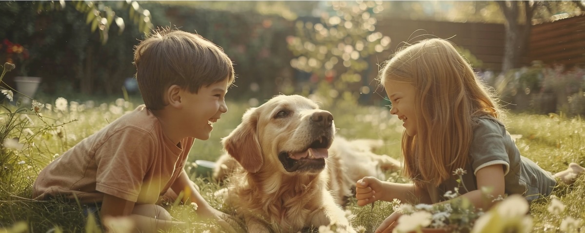 Mittelgroßer Familienhund spielt mit Kindern im Garten